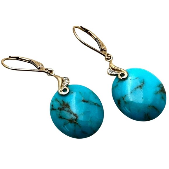Estate 14K Yellow Gold Womens Earrings Diamond Blue Turquoise Pierced Chandelier